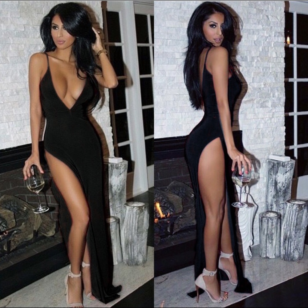 Long Sexy Plunging Neckline Bodycon Dress w/ Slit - Picture 3 of 8